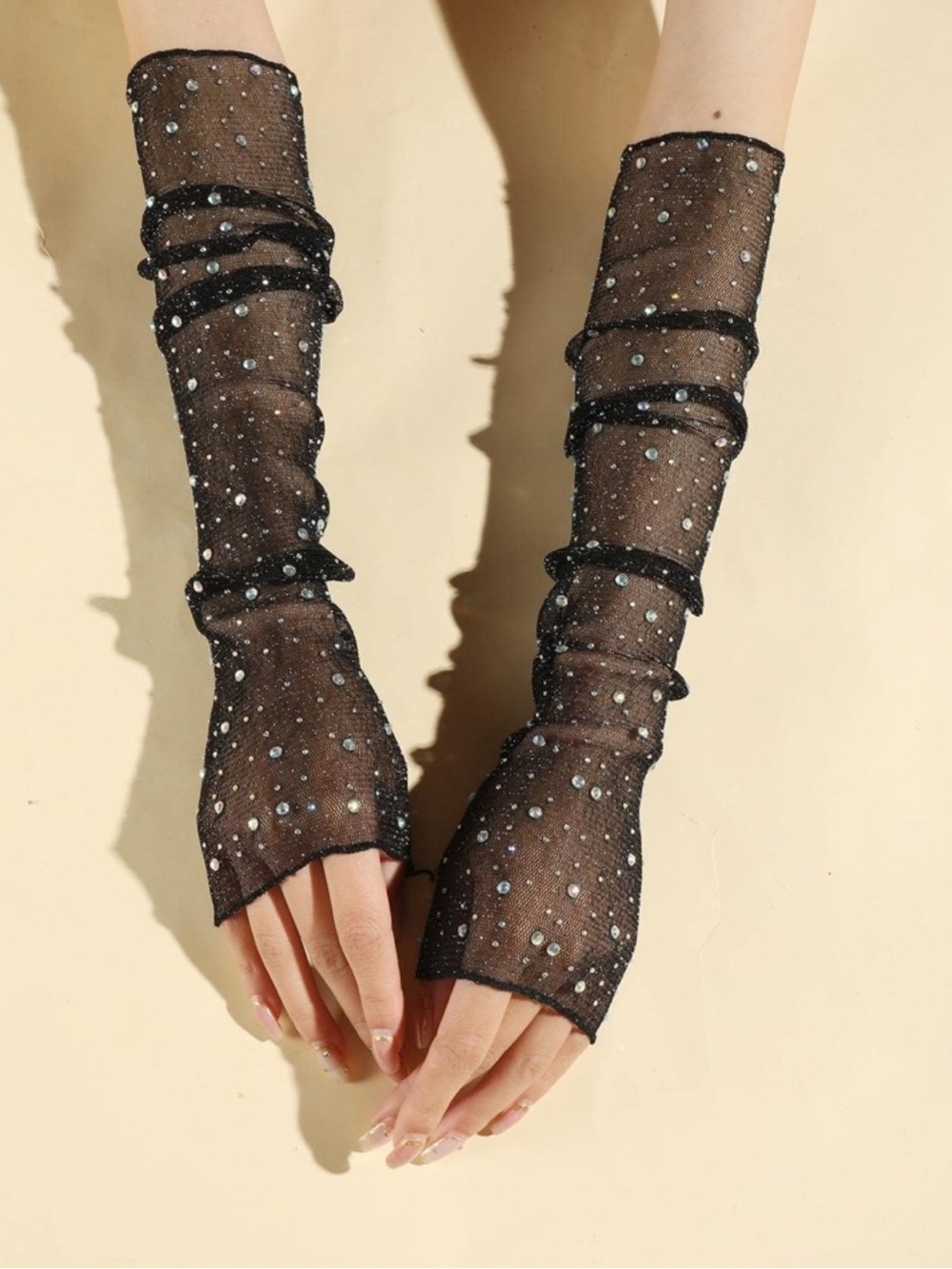 Sheer Black Rhinestone Embellished Arm Sleeves
